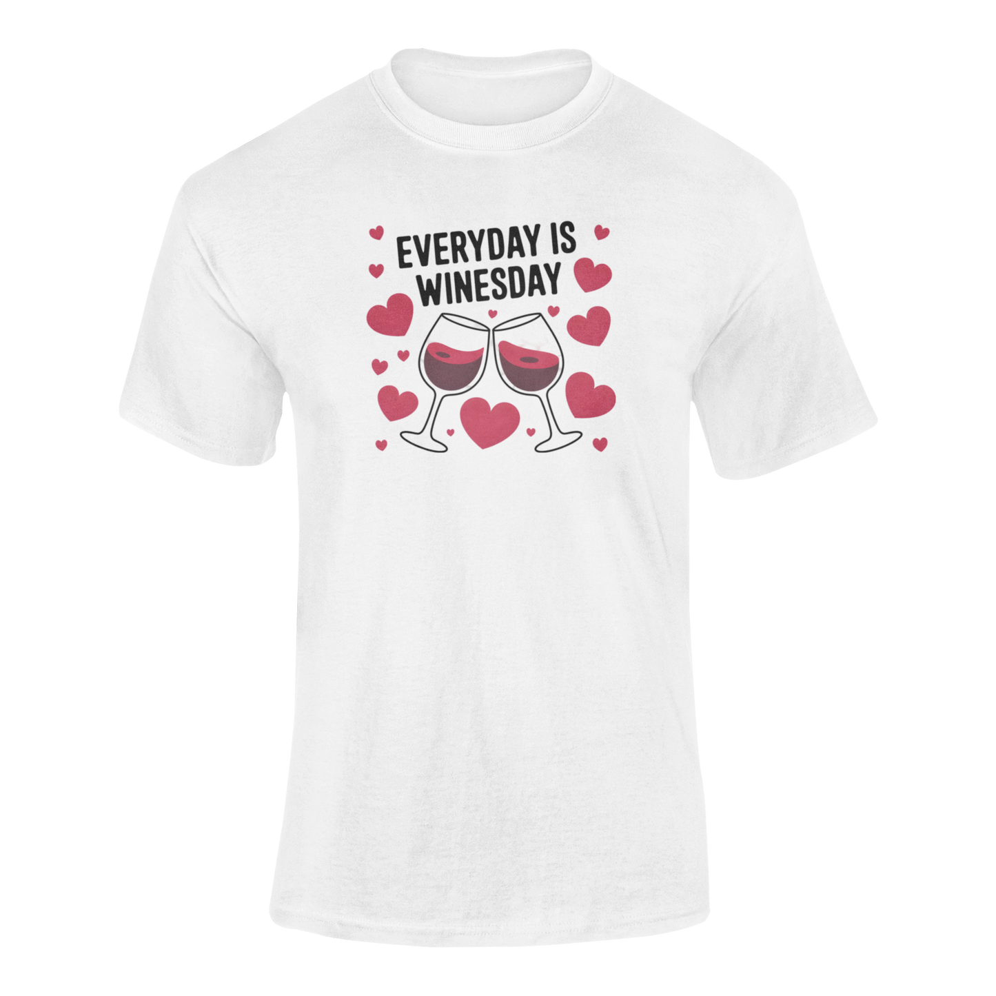 A cheerful wine-themed design featuring two clinking glasses of red wine surrounded by hearts, with the phrase "Everyday is Winesday" in bold typography.