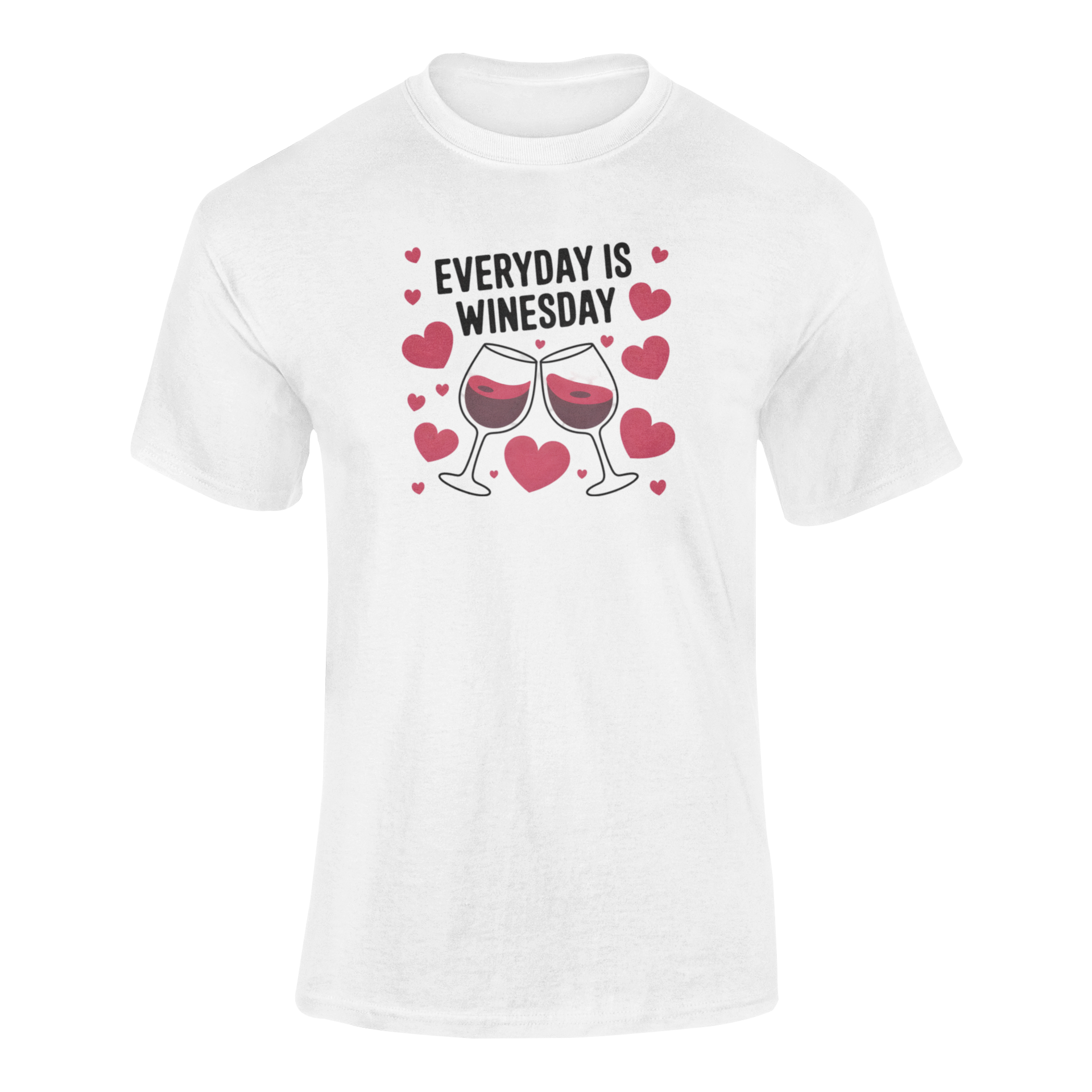 A cheerful wine-themed design featuring two clinking glasses of red wine surrounded by hearts, with the phrase "Everyday is Winesday" in bold typography.