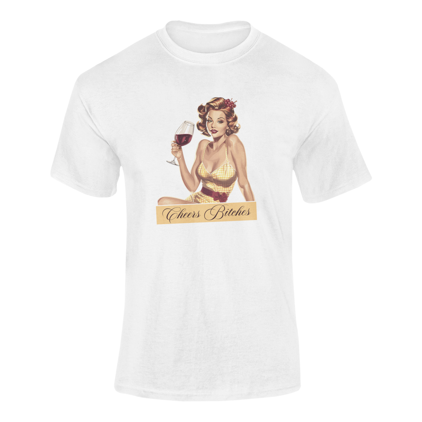 Retro pin-up girl in a yellow gingham dress holding a glass of red wine, with the phrase "Cheers Bitches" in an elegant script banner.