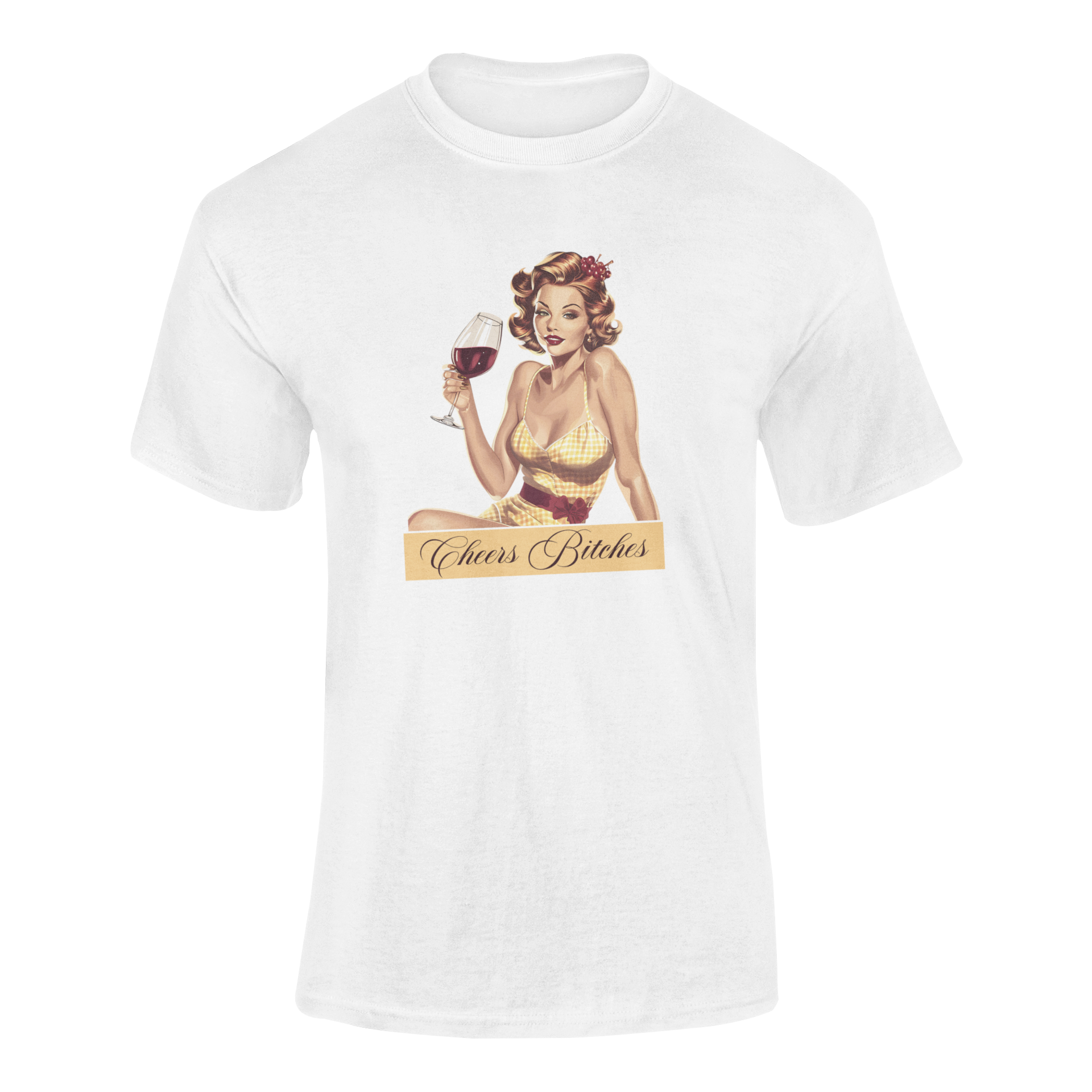 Retro pin-up girl in a yellow gingham dress holding a glass of red wine, with the phrase "Cheers Bitches" in an elegant script banner.