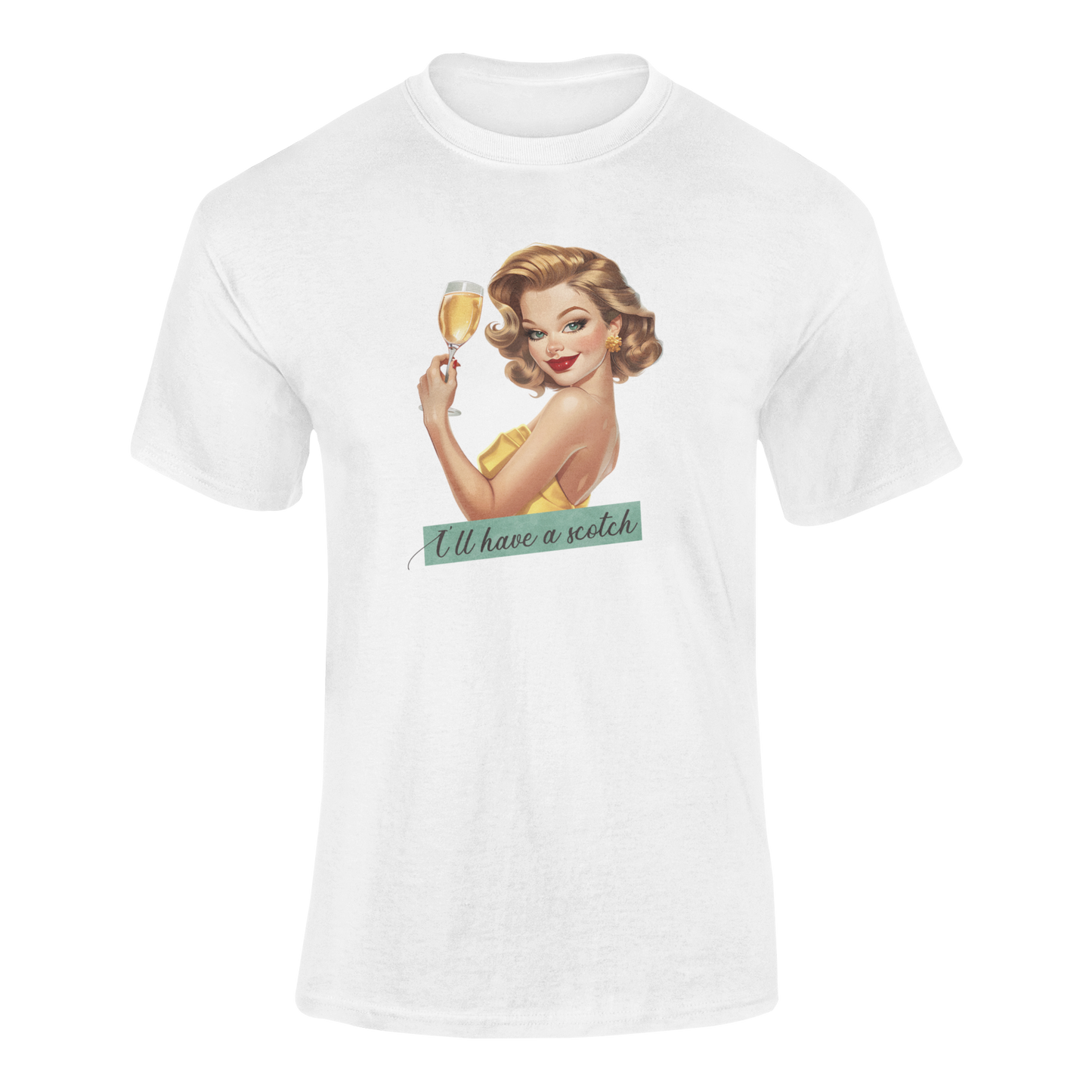 Elegant pin-up girl in a yellow dress, holding a glass of golden scotch or champagne, smirking confidently, with the phrase "I'll have a scotch" in stylish cursive below.