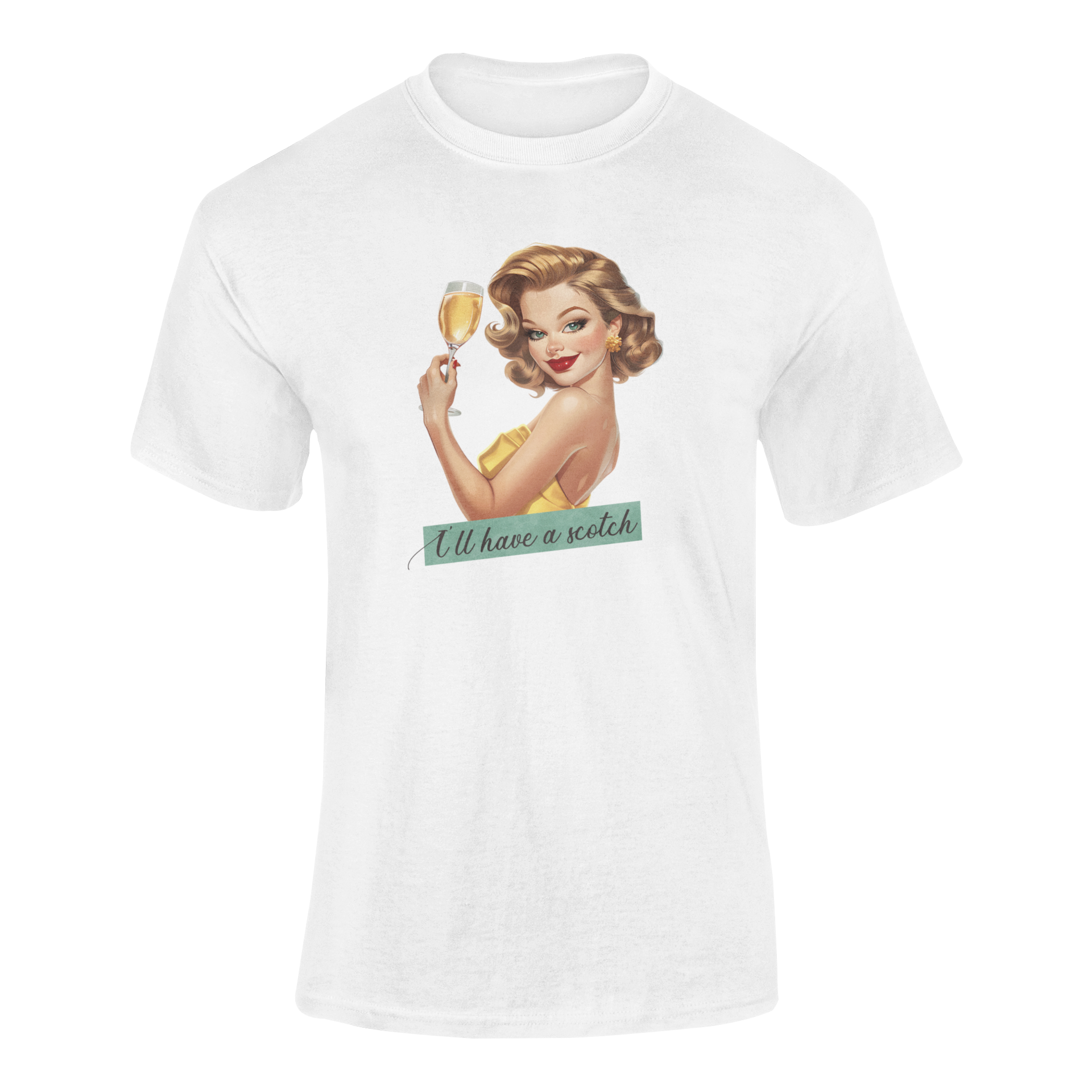 Elegant pin-up girl in a yellow dress, holding a glass of golden scotch or champagne, smirking confidently, with the phrase "I'll have a scotch" in stylish cursive below.