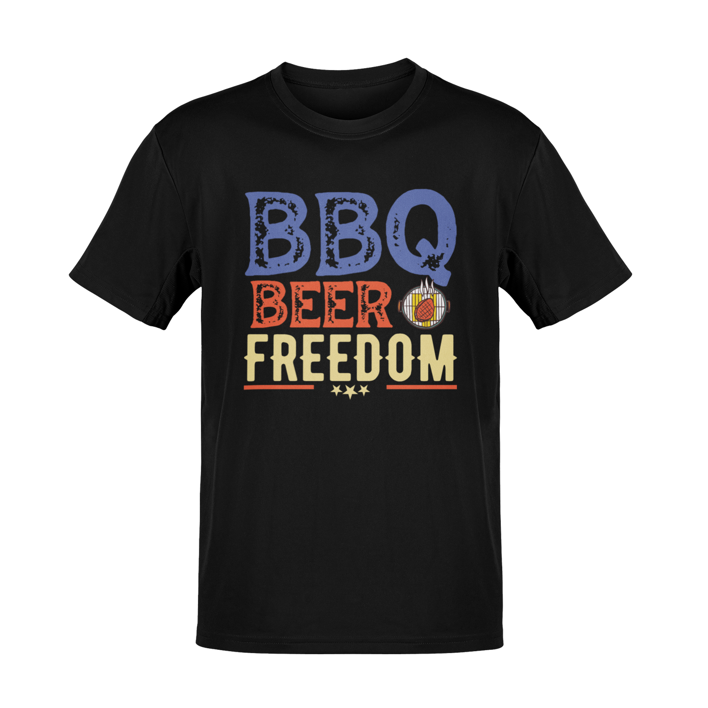 BBQ Beer Freedom T-Shirt featuring bold red, white, and blue text with a flaming grill design – perfect for 4th of July, summer BBQs, and beer lovers.
