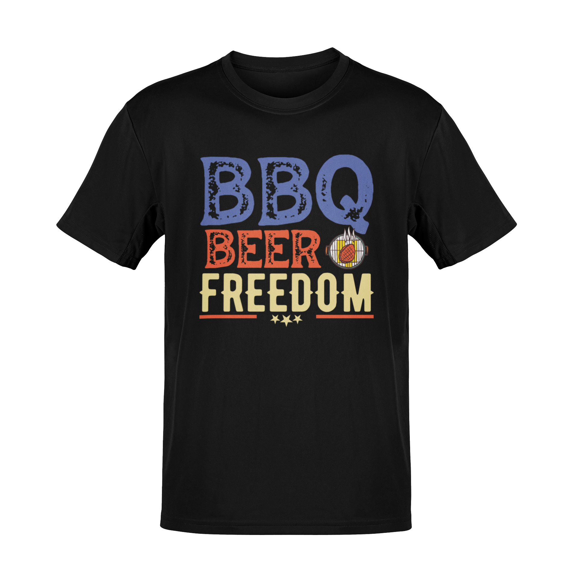 BBQ Beer Freedom T-Shirt featuring bold red, white, and blue text with a flaming grill design – perfect for 4th of July, summer BBQs, and beer lovers.