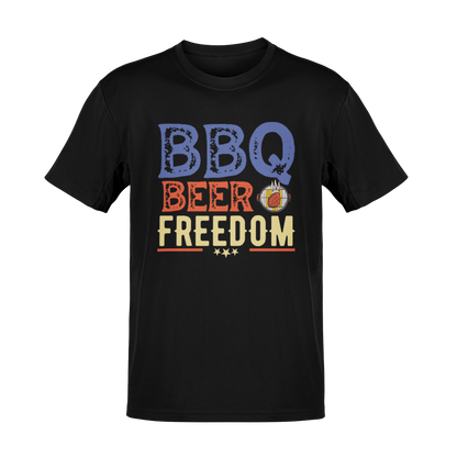 BBQ Beer Freedom T-Shirt featuring bold red, white, and blue text with a flaming grill design – perfect for 4th of July, summer BBQs, and beer lovers.