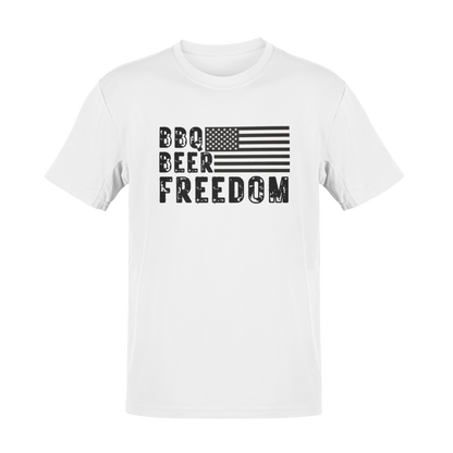 BBQ Beer Freedom t-shirt with bold text and a grilling design, perfect for beer lovers, pitmasters, and patriotic Americans.