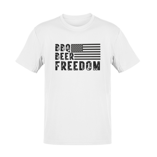 BBQ Beer Freedom t-shirt with bold text and a grilling design, perfect for beer lovers, pitmasters, and patriotic Americans.