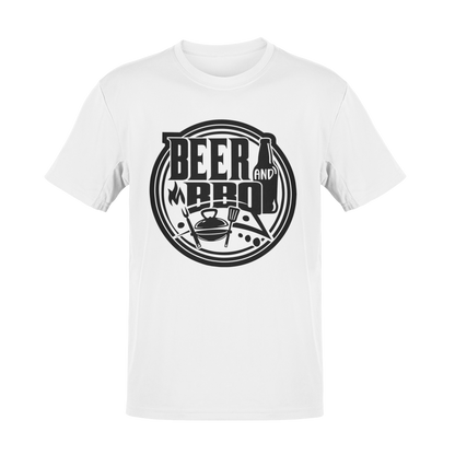 Beer & BBQ round logo t-shirt featuring a vintage-style design for grill masters and beer lovers.