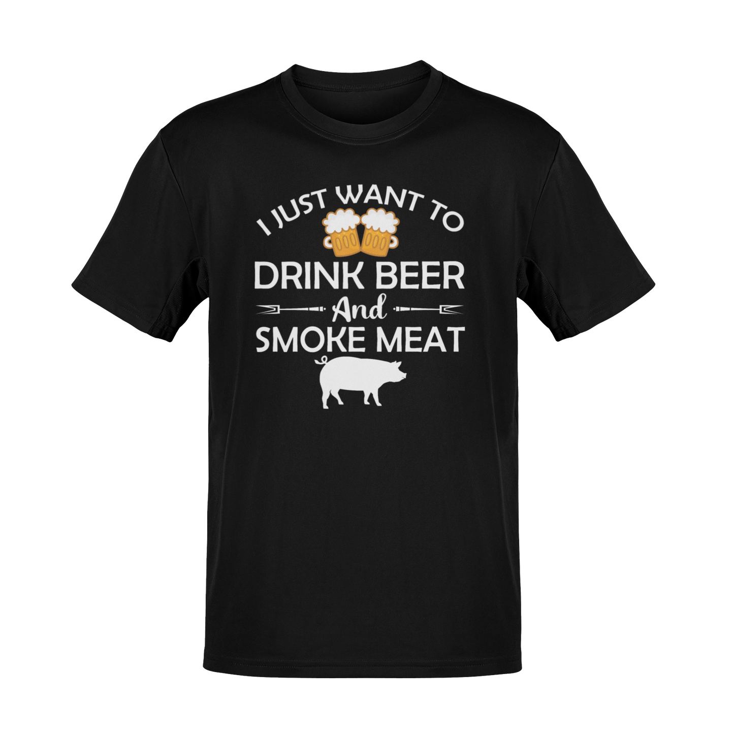 Beer and BBQ-themed t-shirt featuring "Drink Beer & Smoke Meat" with a smoker and grilling elements.