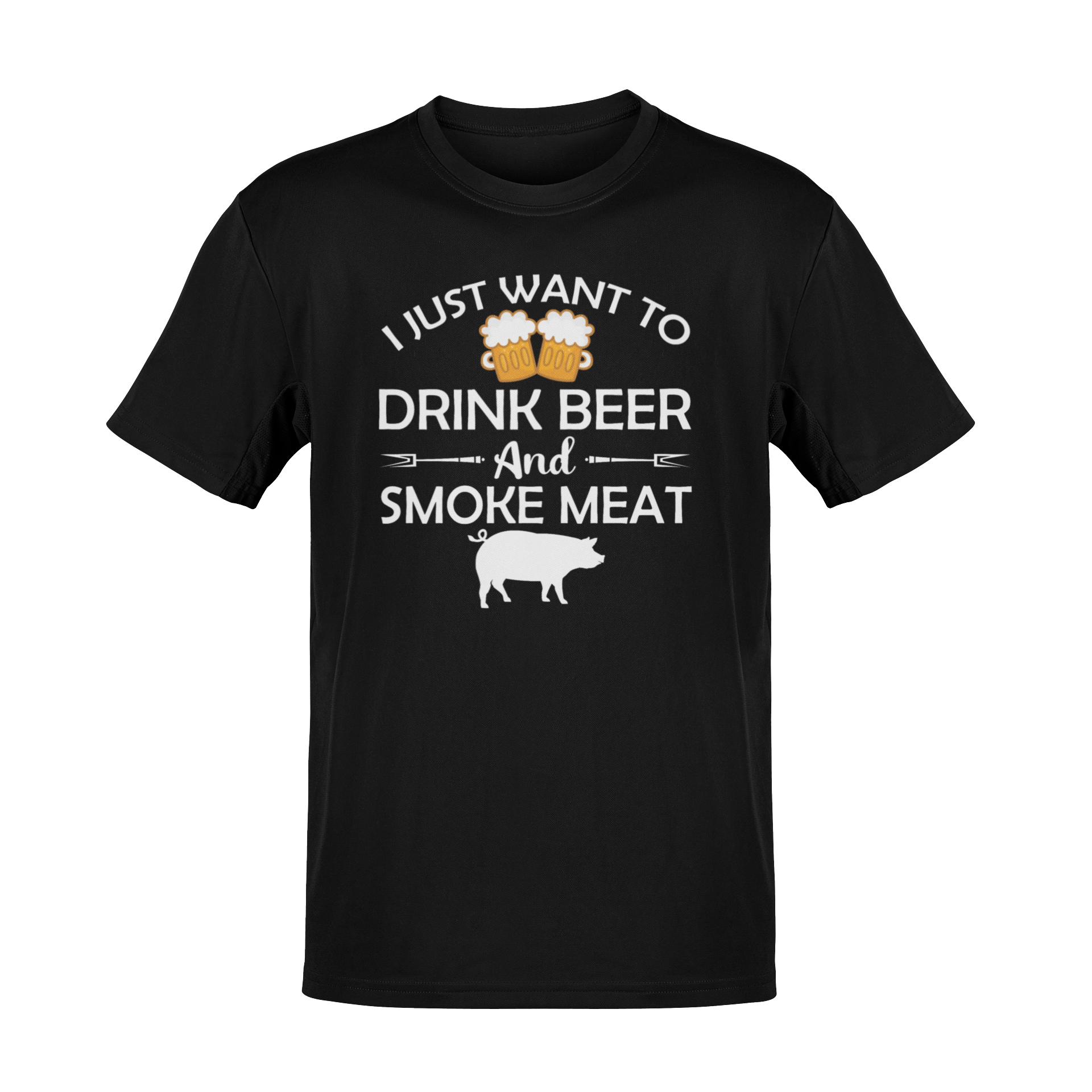 Beer and BBQ-themed t-shirt featuring "Drink Beer & Smoke Meat" with a smoker and grilling elements.