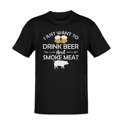 Beer and BBQ-themed t-shirt featuring "Drink Beer & Smoke Meat" with a smoker and grilling elements.