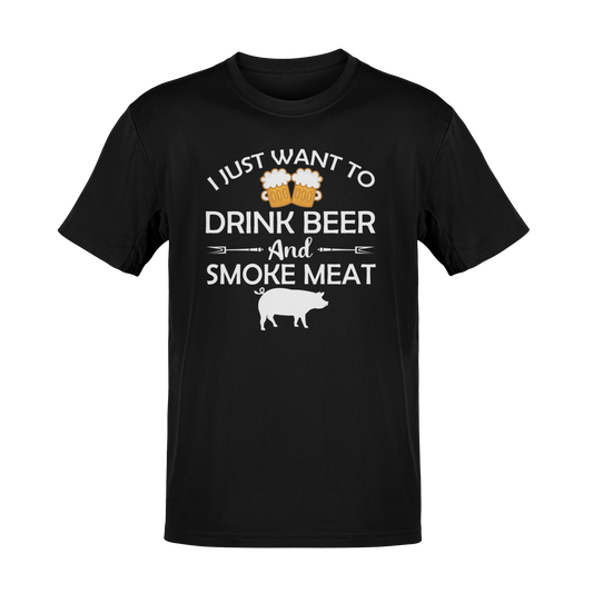Beer and BBQ-themed t-shirt featuring "Drink Beer & Smoke Meat" with a smoker and grilling elements.