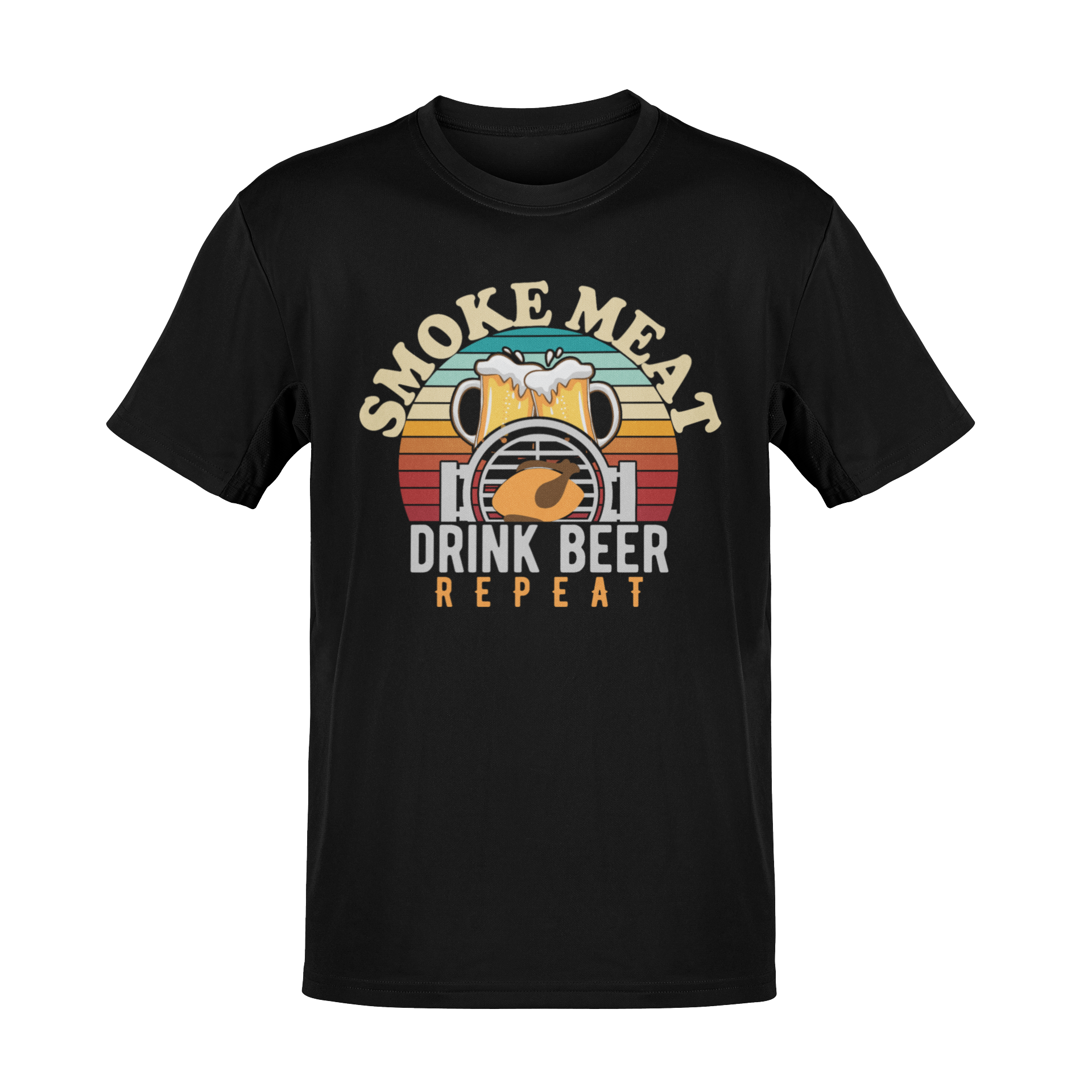 BBQ and beer-themed t-shirt with "Smoke Meat, Drink Beer, Repeat" featuring a grill, beer mugs, and a retro sunset background.