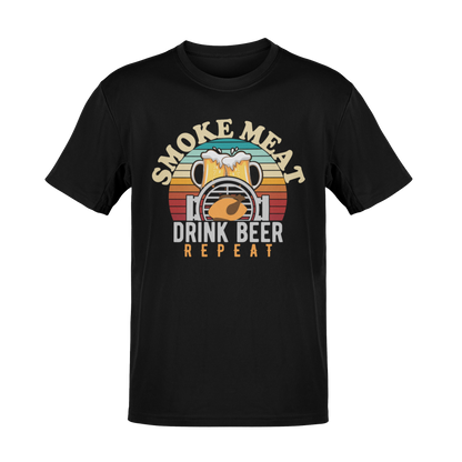 BBQ and beer-themed t-shirt with "Smoke Meat, Drink Beer, Repeat" featuring a grill, beer mugs, and a retro sunset background.