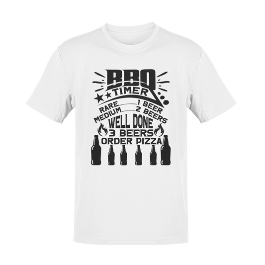 BBQ Timer T-shirt featuring a funny beer-based grilling timer, barbecue grill, skewers, and beer mugs. Perfect for beer lovers and grillmasters.