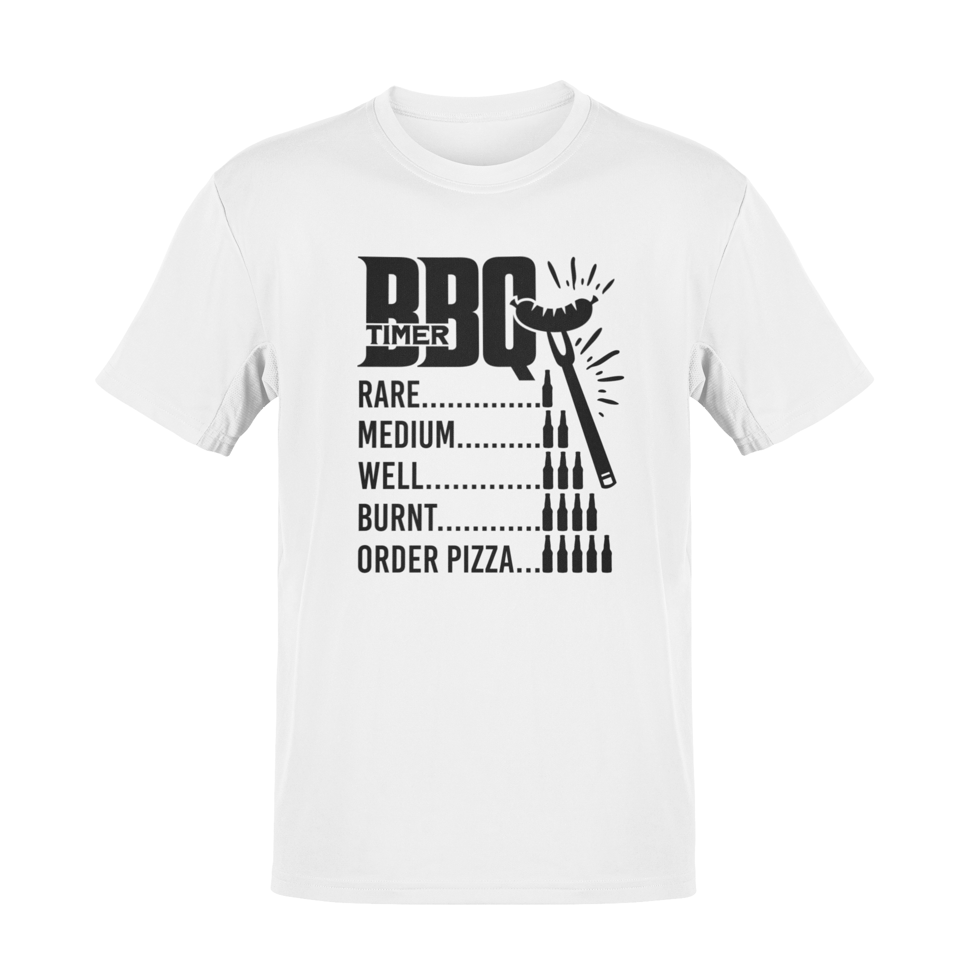 BBQ Timer T-shirt featuring a funny beer-based grilling timer, barbecue grill, skewers, and beer mugs. Perfect for beer lovers and grillmasters.