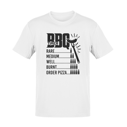 BBQ Timer T-shirt featuring a funny beer-based grilling timer, barbecue grill, skewers, and beer mugs. Perfect for beer lovers and grillmasters.