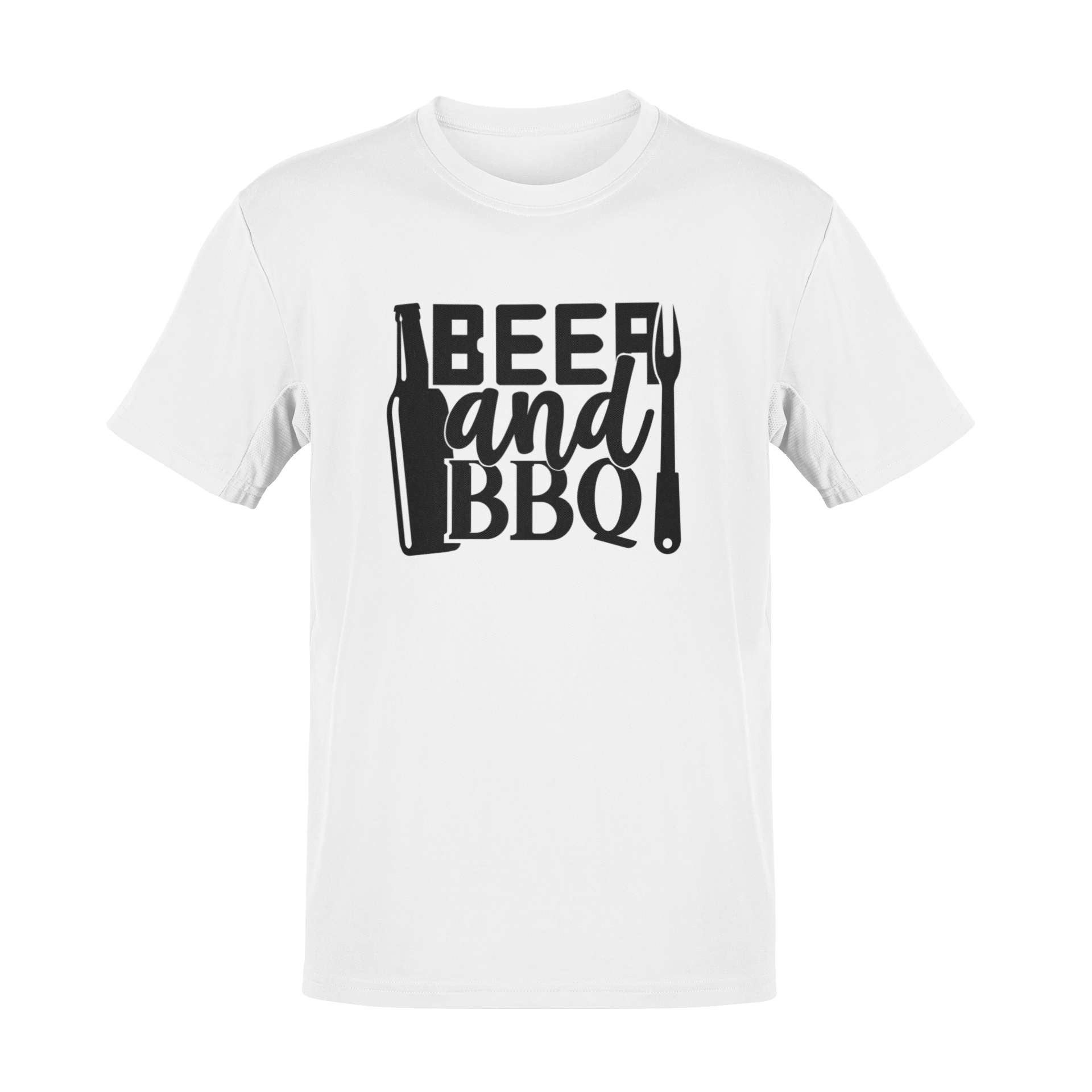 Beer and BBQ t-shirt featuring a bold design with a beer bottle, grilling fork, and fun typography.