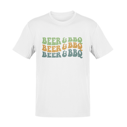 Beer & BBQ t-shirt featuring a bold, vintage-style text design celebrating cookouts, grilling, and beer.