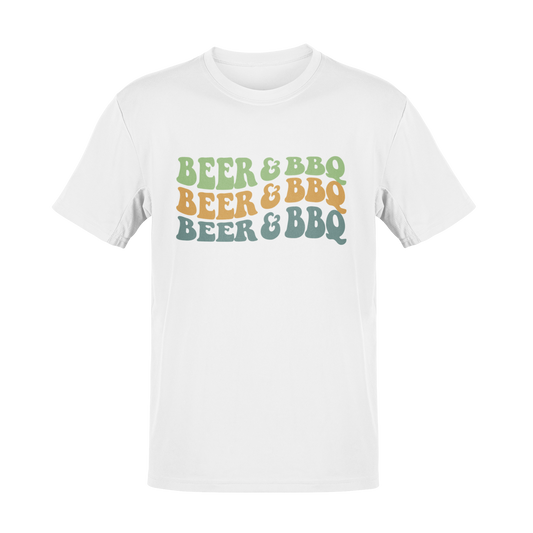 Beer & BBQ t-shirt featuring a bold, vintage-style text design celebrating cookouts, grilling, and beer.