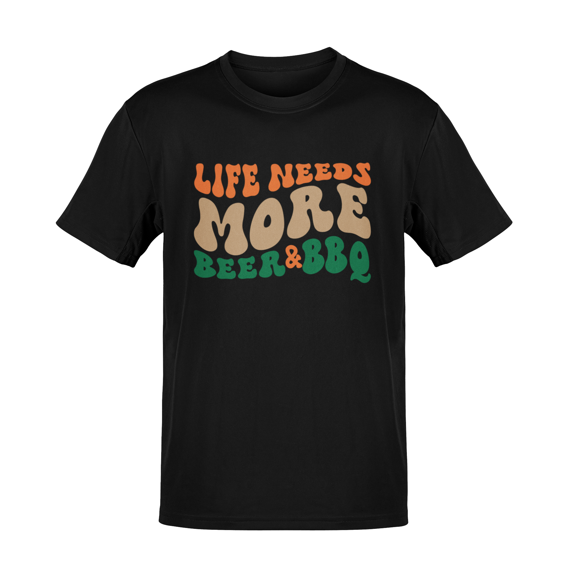 T-shirt with retro-style text reading "Life Needs More Beer & BBQ" in bold, vintage-inspired colors. Perfect for beer lovers, grill masters, and BBQ enthusiasts.