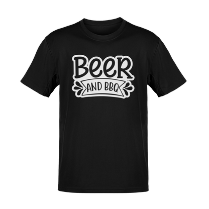 T-shirt with bold text reading "Beer and BBQ" in a vintage-style design, perfect for beer drinkers, grill masters, and BBQ lovers.