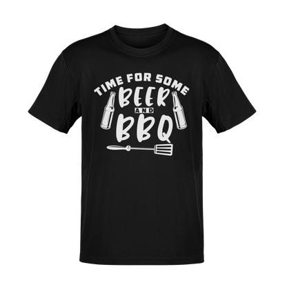T-shirt featuring "Time for Some Beer & BBQ" design, perfect for backyard grillers, beer lovers, and barbecue enthusiasts.