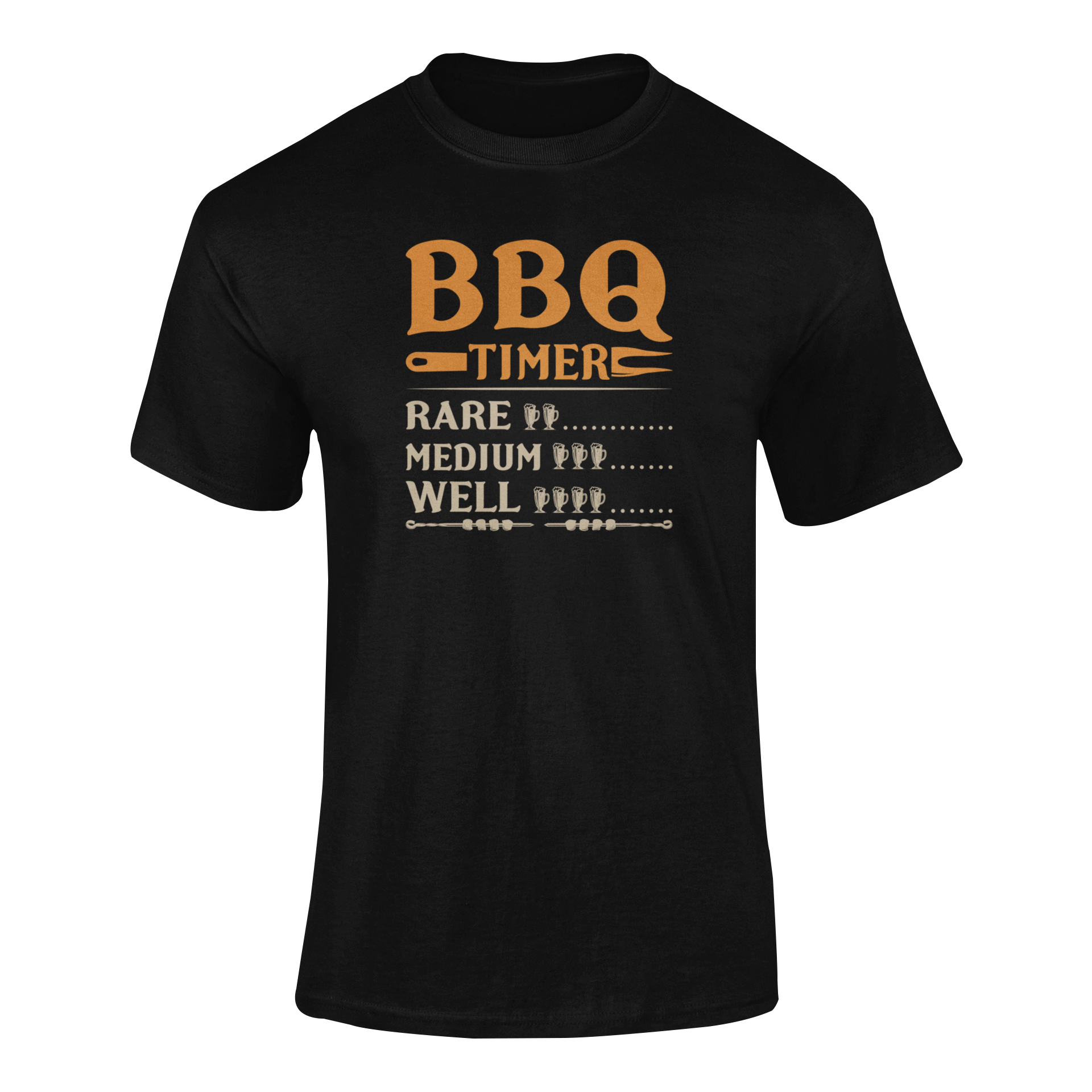 T-shirt design featuring "BBQ Timer" with beer glass indicators for rare, medium, and well-done grilling levels, perfect for beer lovers and BBQ fans.