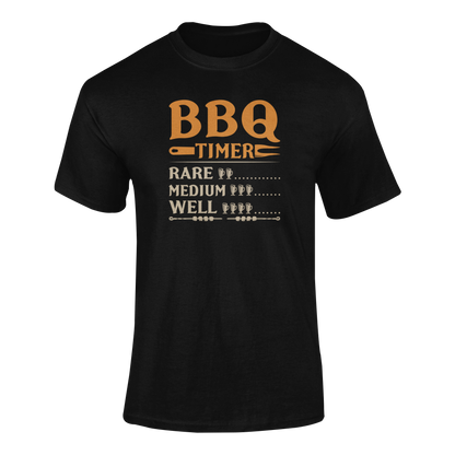 T-shirt design featuring "BBQ Timer" with beer glass indicators for rare, medium, and well-done grilling levels, perfect for beer lovers and BBQ fans.