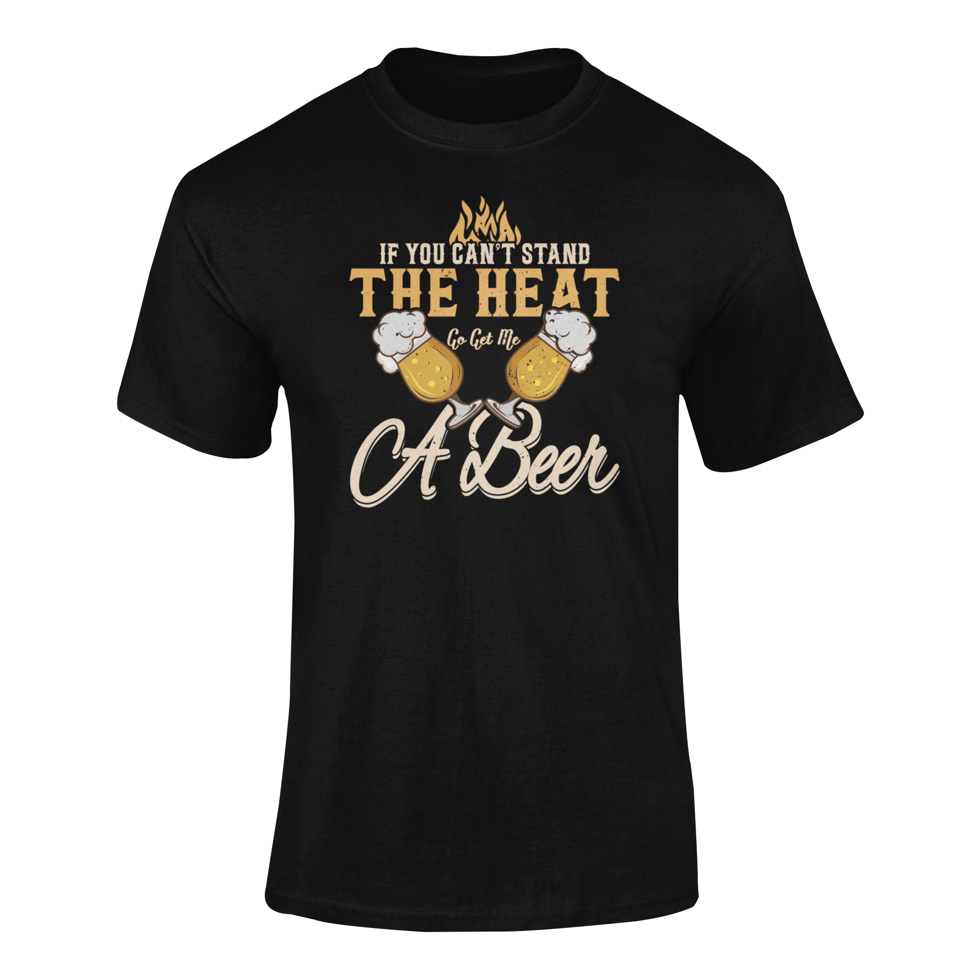 BBQ and beer-themed t-shirt with "If You Can’t Stand the Heat, Go Get Me a Beer" design, featuring beer mugs and flames.