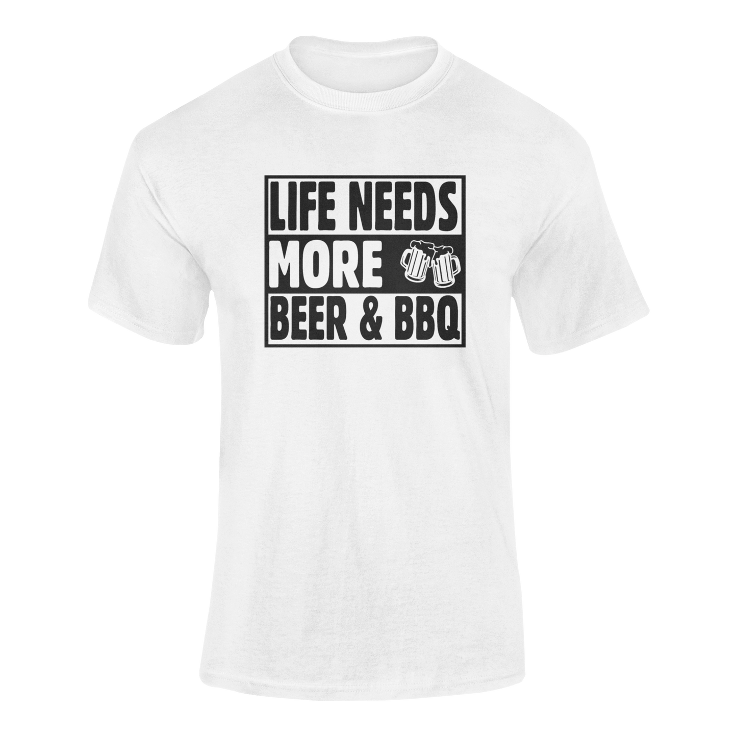 Life Needs More Beer & BBQ t-shirt design featuring bold typography with a playful barbecue and beer theme.