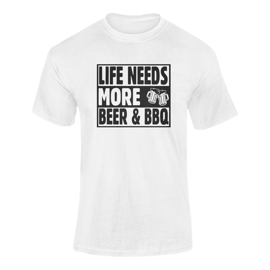 Life Needs More Beer & BBQ t-shirt design featuring bold typography with a playful barbecue and beer theme.