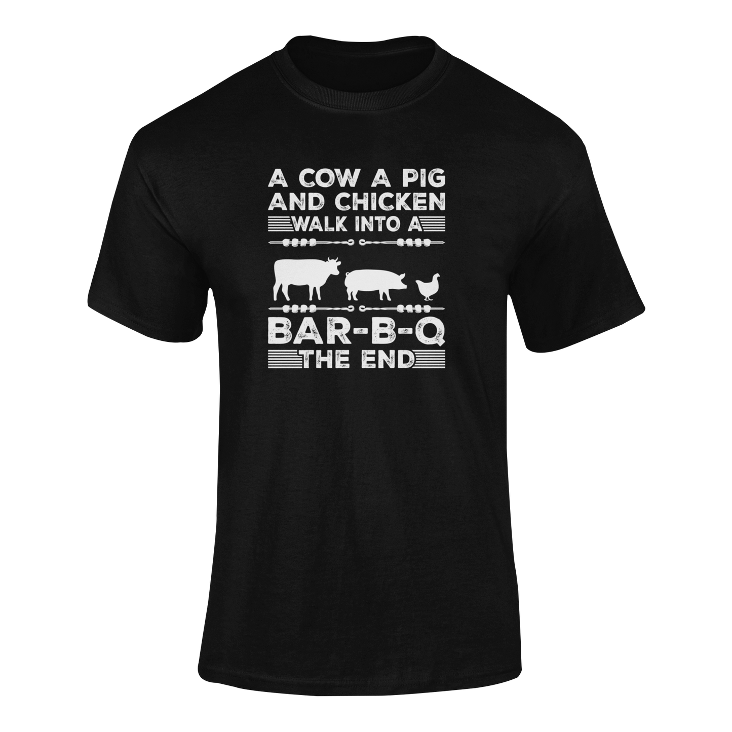 Funny BBQ t-shirt with cow, pig, and chicken design, featuring “A Cow, A Pig, and A Chicken Walk Into a BBQ – The End” text.