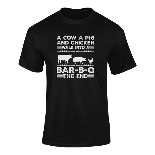 Funny BBQ t-shirt with cow, pig, and chicken design, featuring “A Cow, A Pig, and A Chicken Walk Into a BBQ – The End” text.