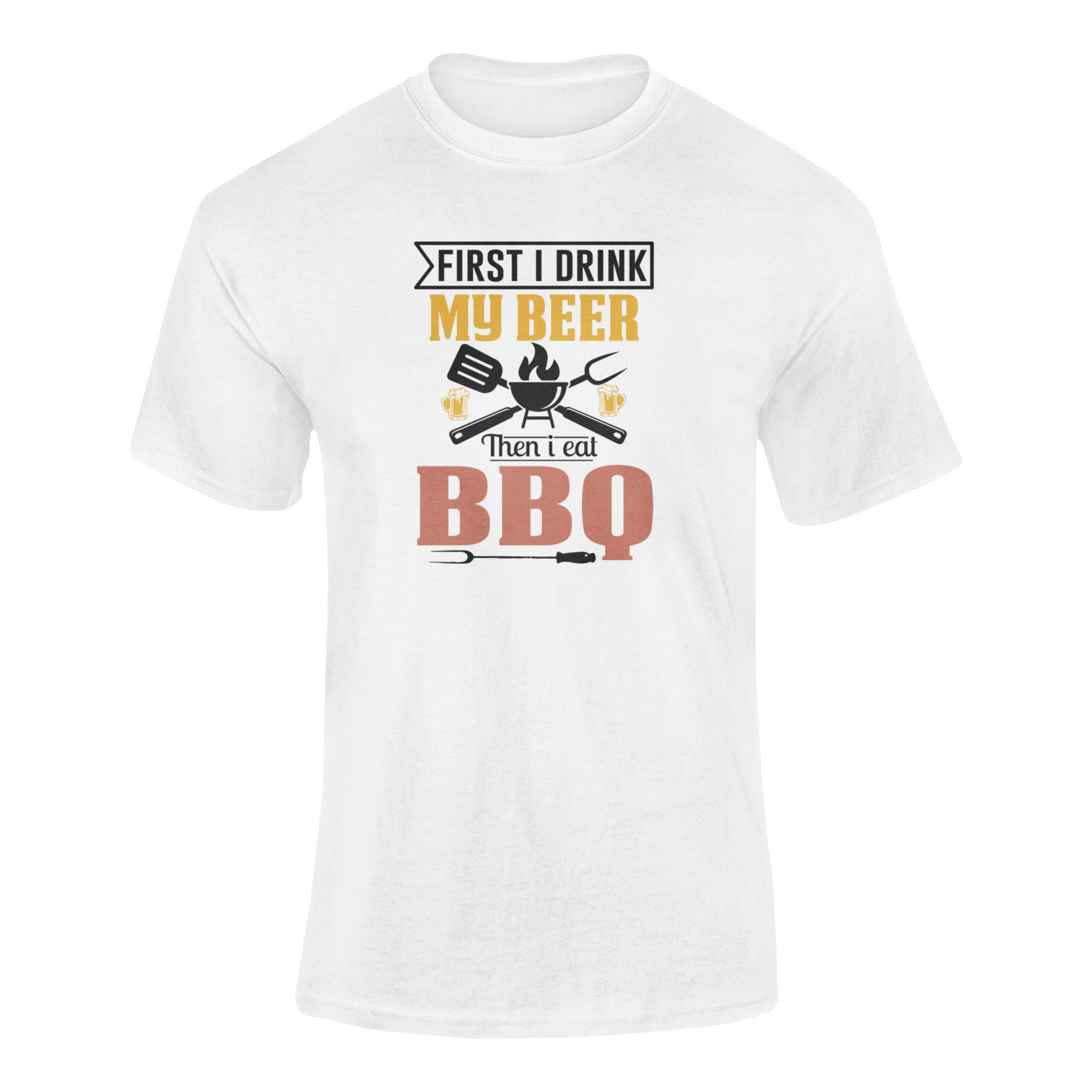 BBQ and beer t-shirt with "First I Drink My Beer, Then I Eat BBQ" text, featuring beer mugs and bold lettering.