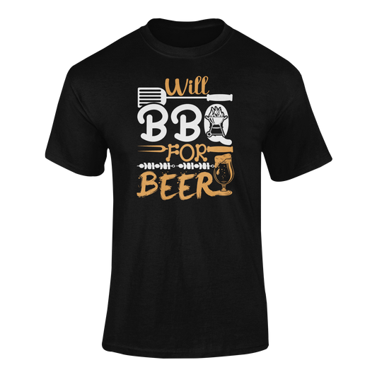 Funny BBQ t-shirt with "Will BBQ for Beer" text, featuring grilling utensils, skewers, a fire pit, and a frothy beer glass.