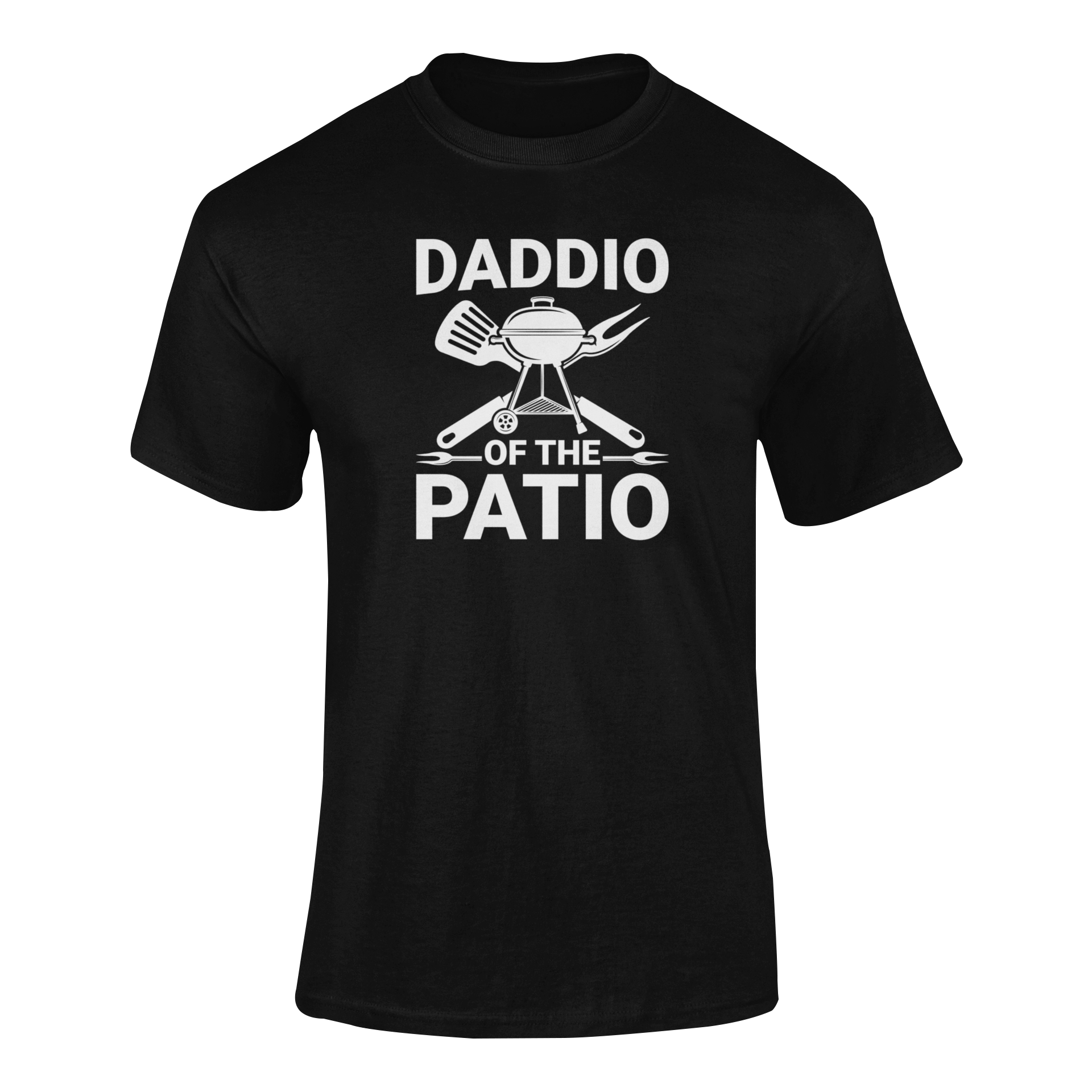 "Daddio of the Patio" BBQ-themed t-shirt with grill, spatula, fork, and crossed grilling tools.