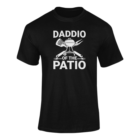 "Daddio of the Patio" BBQ-themed t-shirt with grill, spatula, fork, and crossed grilling tools.