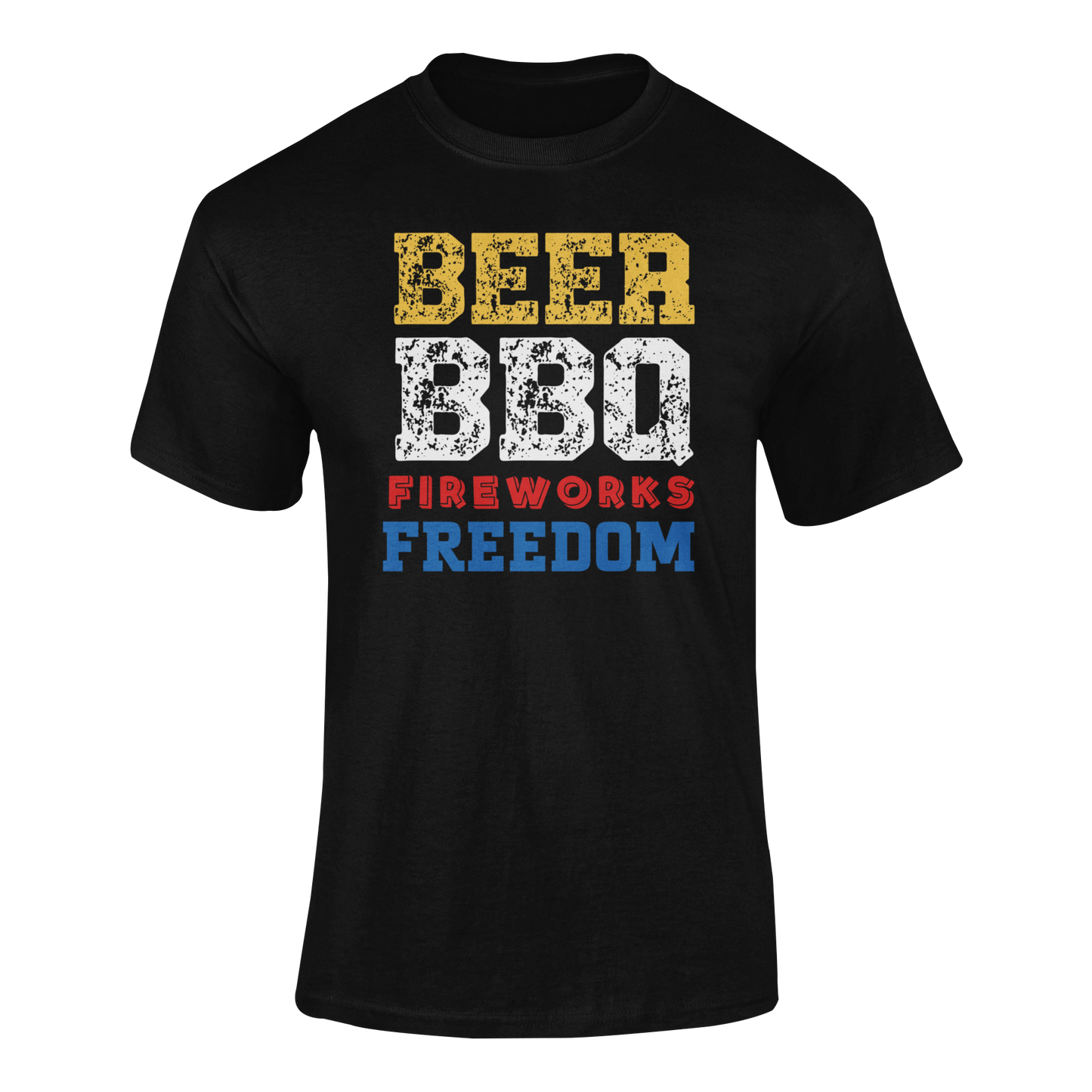 Beer, BBQ, Fireworks & Freedom t-shirt with distressed red, white, and blue lettering.