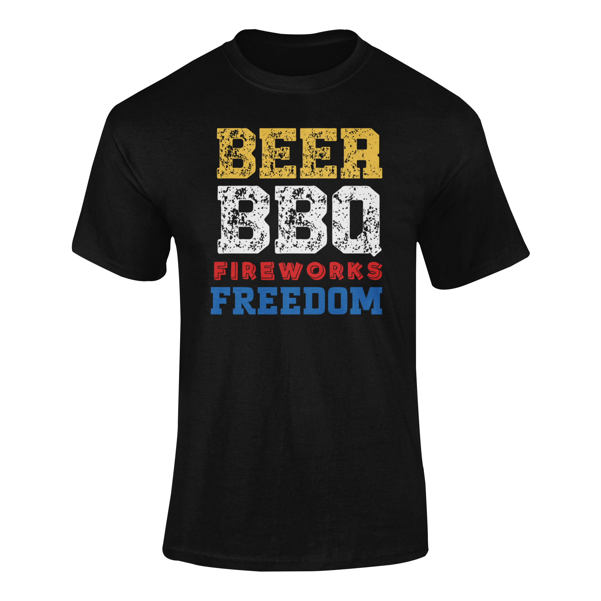 Beer, BBQ, Fireworks & Freedom t-shirt with distressed red, white, and blue lettering.