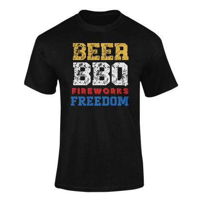 Beer, BBQ, Fireworks & Freedom t-shirt with distressed red, white, and blue lettering.
