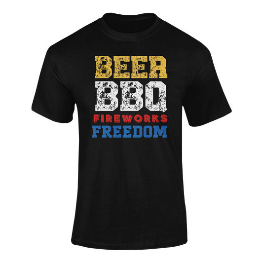 Beer, BBQ, Fireworks & Freedom t-shirt with distressed red, white, and blue lettering.
