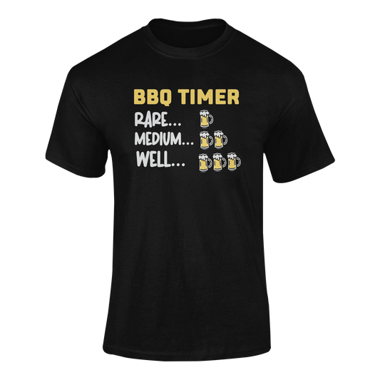 A black BBQ-themed t-shirt featuring the phrase "BBQ Timer" in bold yellow text, followed by “Rare,” “Medium,” and “Well” with corresponding beer mug icons to indicate different levels of grilling time. A fun and humorous design for beer and BBQ lovers.