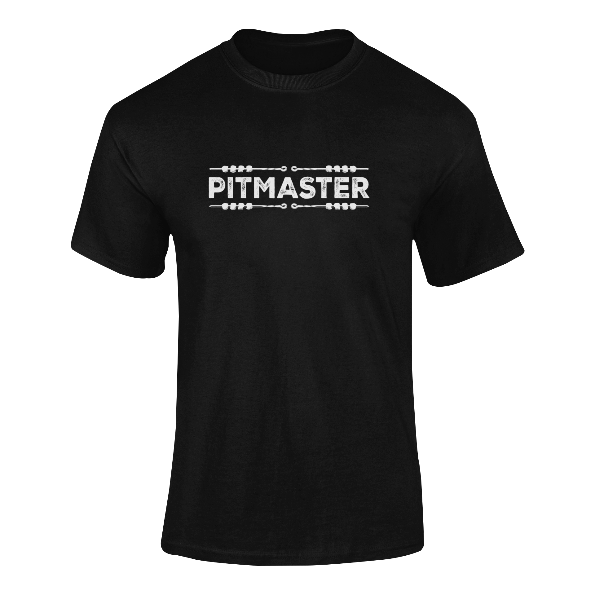 A bold Pitmaster BBQ t-shirt design featuring distressed lettering and skewers, perfect for grill masters, BBQ lovers, and smokehouse pros.