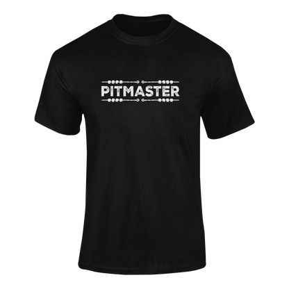 A bold Pitmaster BBQ t-shirt design featuring distressed lettering and skewers, perfect for grill masters, BBQ lovers, and smokehouse pros.