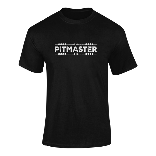 A bold Pitmaster BBQ t-shirt design featuring distressed lettering and skewers, perfect for grill masters, BBQ lovers, and smokehouse pros.