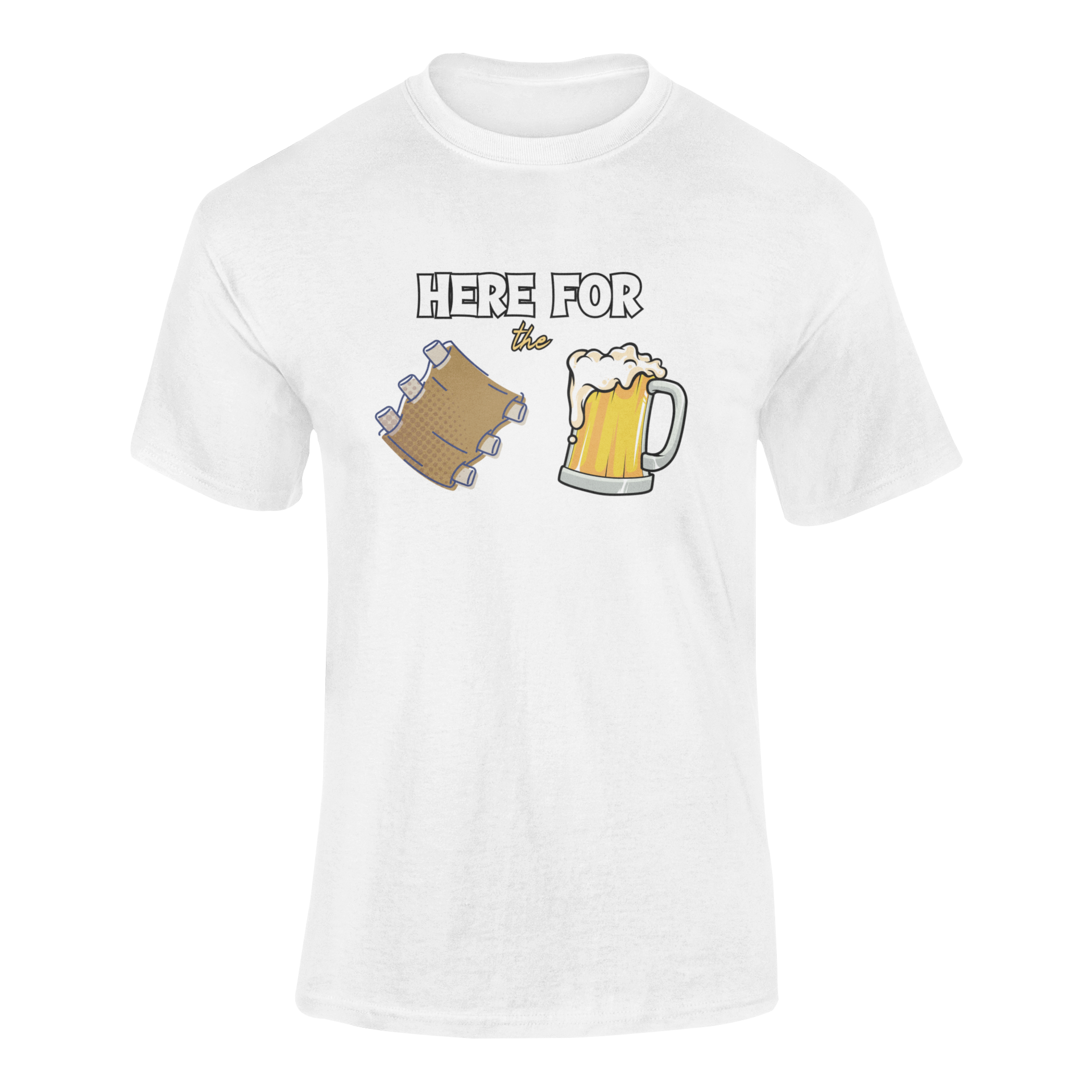 A fun BBQ t-shirt design featuring the phrase "Here for the Ribs & Beer" with cartoon-style ribs and a frothy beer mug—perfect for grill masters, beer lovers, and summer cookouts.