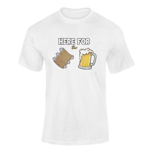 A fun BBQ t-shirt design featuring the phrase "Here for the Ribs & Beer" with cartoon-style ribs and a frothy beer mug—perfect for grill masters, beer lovers, and summer cookouts.