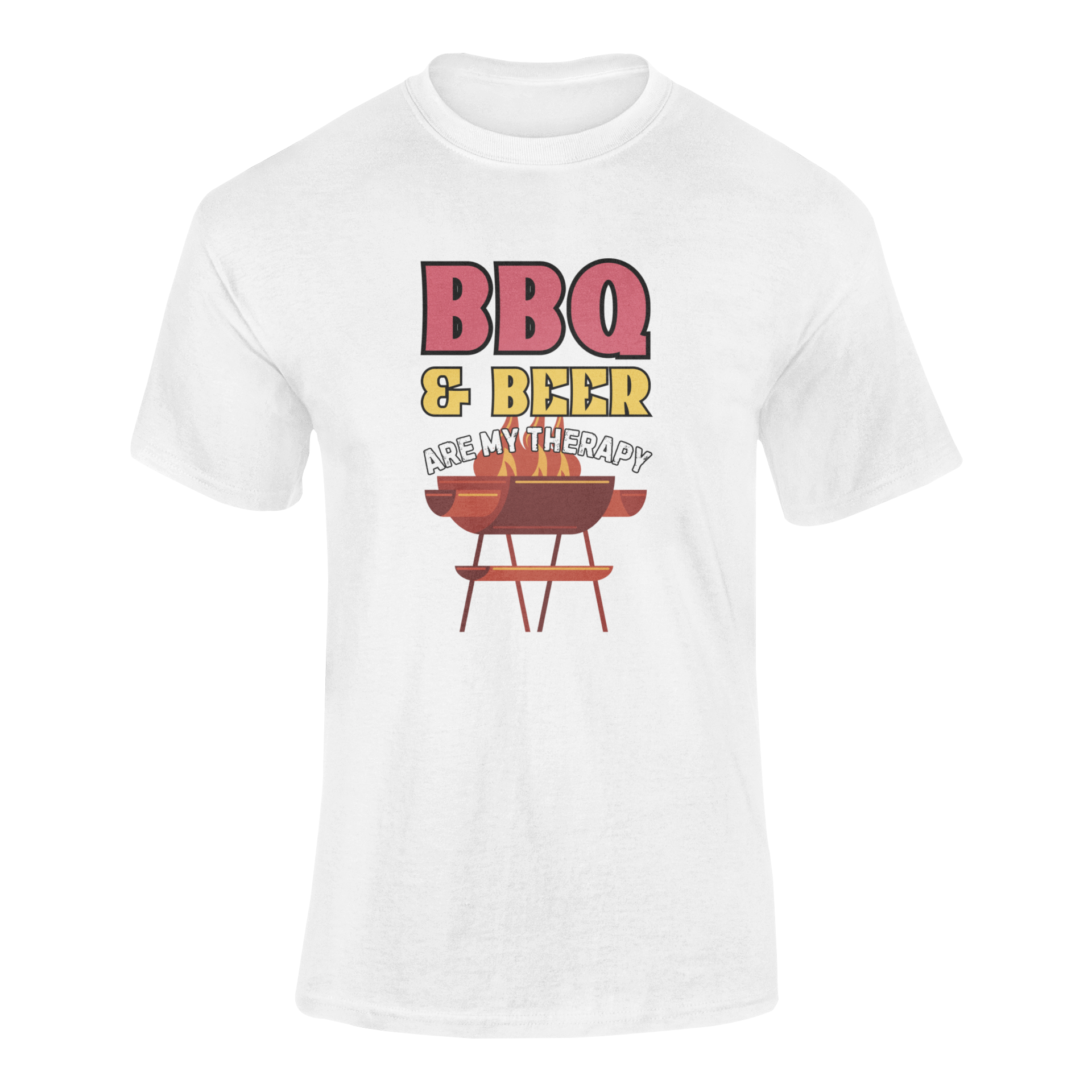 A bold and fun BBQ-themed t-shirt with the phrase "BBQ & Beer Are My Therapy", featuring a flaming grill. Perfect for grill masters, beer lovers, and backyard BBQ champions.