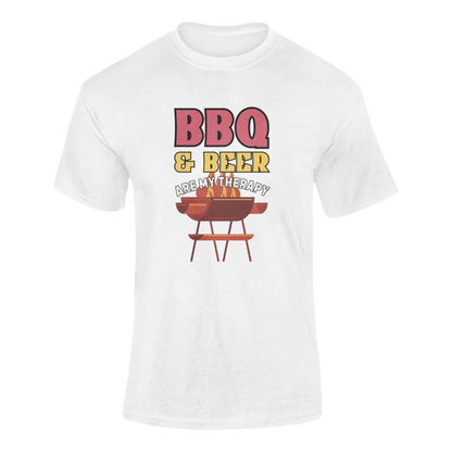A bold and fun BBQ-themed t-shirt with the phrase "BBQ & Beer Are My Therapy", featuring a flaming grill. Perfect for grill masters, beer lovers, and backyard BBQ champions.